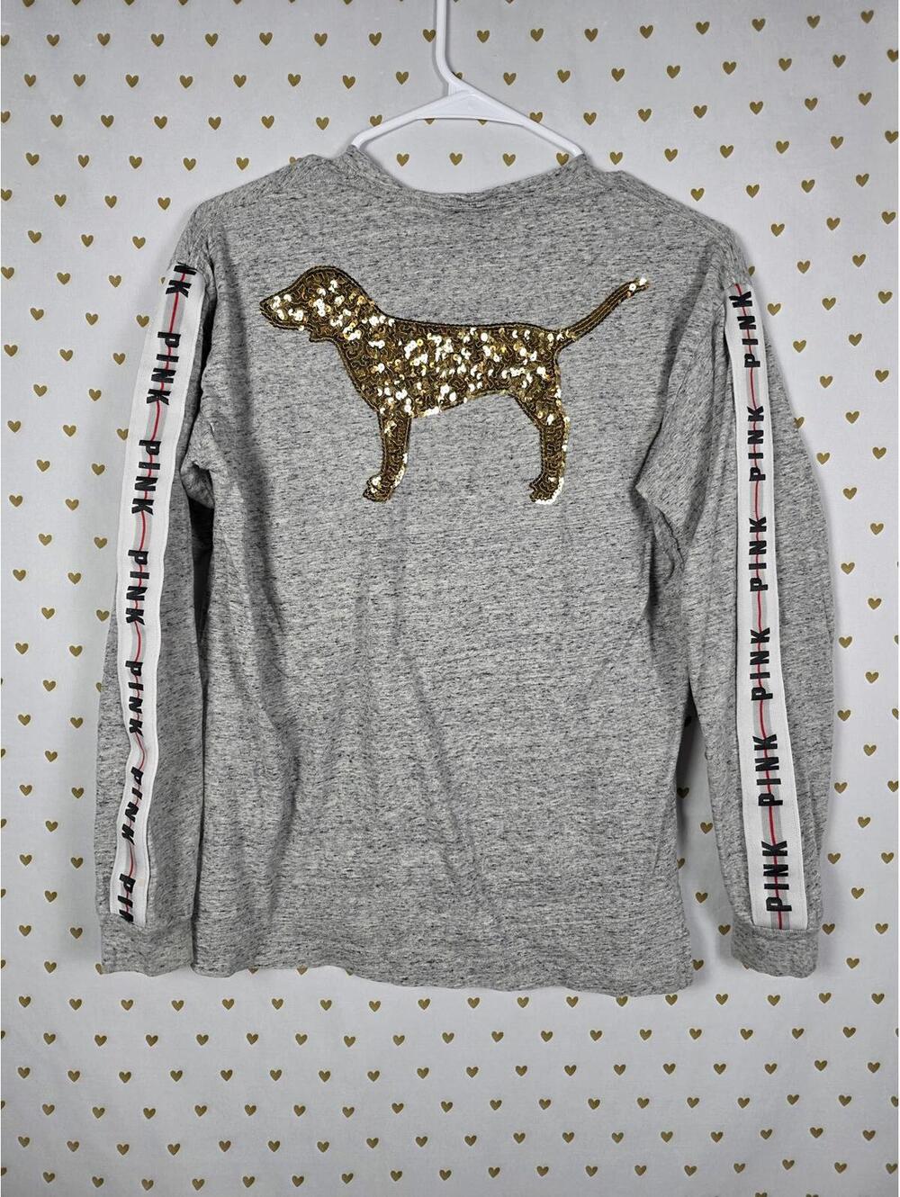 Victorias Secret PINK GOLD DOG BLING Sequined Logo Stripe Campus Tee shirt XS